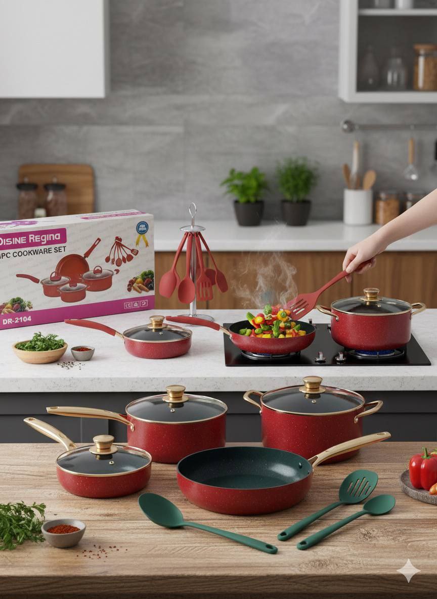 طقم طناجر غير لاصق 13 قطعة - Disine Regina - أحمر فاخر مع أدوات سيليكون Palestine -Global Market