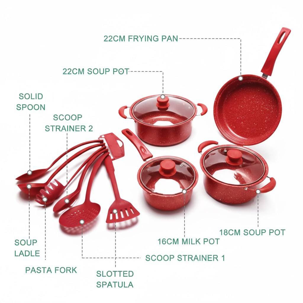 طقم طناجر غير لاصق 13 قطعة - Disine Regina - أحمر فاخر مع أدوات سيليكون Palestine -Global Market